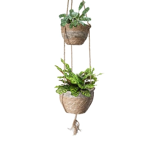 Double-tiered natural seagrass hanging planter with woven jute rope and tassels decor