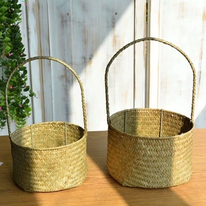 Handmade Woven Seagrass Storage Basket Set With Handle Pastoral Style Decorative Flower Basket For Home Wedding Gift Packaging