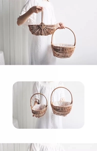 Detailed view of handmade woven flower baskets with white fabric lining and natural handles