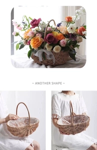Close-up detail of a handmade woven flower basket with natural wicker texture and handle