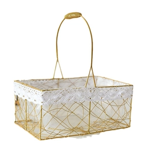 Golden rectangle metal wire flower basket with white lace trim and tall handle for picnics