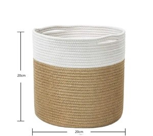 Detail showing a 20x20cm woven cotton rope basket with two-tone design and side handles