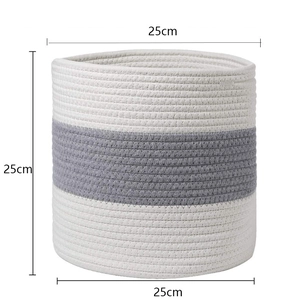 Detail view of woven cotton rope storage basket with grey stripes and 25cm dimensions