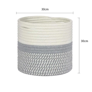 Detail showing white and gray woven cotton rope basket with dimensions 30cm by 30cm