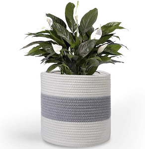 Close-up of a small woven cotton rope storage basket for plants in white and grey stripes