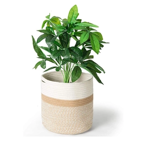 Modern woven cotton rope storage basket and indoor planter with three-tone color block design