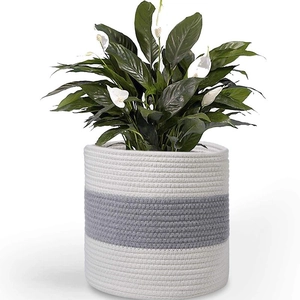 Modern Minimalist Hemp Rope Woven Basket White And Gray Striped Storage Bin Decorative Flower Pot Cover Organizer For Home