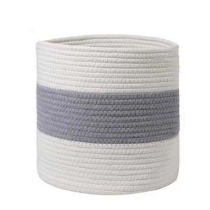 Minimalist cotton rope woven storage basket for plants and desk organization in grey and white
