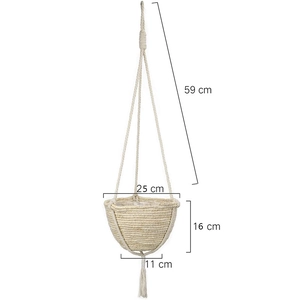 Detailed size specifications for a woven macrame hanging plant basket with tassels