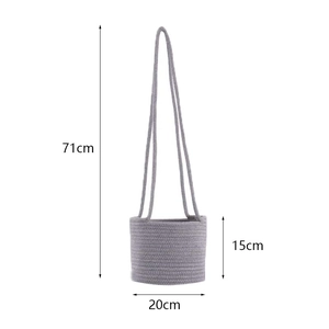 Gray cotton linen hanging planter basket with long shoulder strap and minimal woven texture