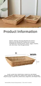 Size chart showing dimensions for small, medium, and large rattan storage baskets