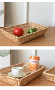 Detailed view of woven rectangular tray used for serving drinks and snacks in the kitchen
