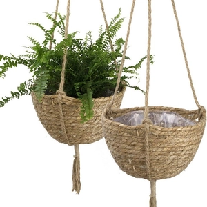 Handmade Woven Hanging Planter Basket Natural Grass Plant Flower Pot With Tassel Waterproof Liner Wall Decor Storage Basket