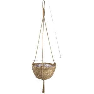 Hanging woven plant basket with waterproof liner and decorative tassel on white background