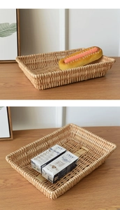Macro detail of hand-woven rectangular rattan tray for bread storage and home organization