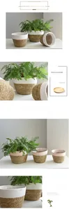 Detail of handmade woven seagrass planters with dual-tone cotton rope design in various sizes