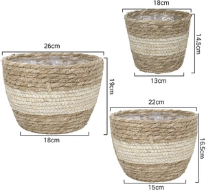Detailed view of woven seagrass plant baskets with waterproof liners in three sizes