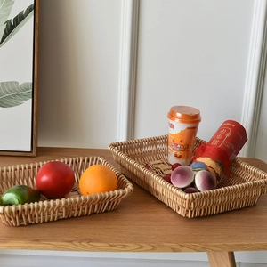 Set of two rectangular woven rattan storage baskets for kitchen fruits and snacks