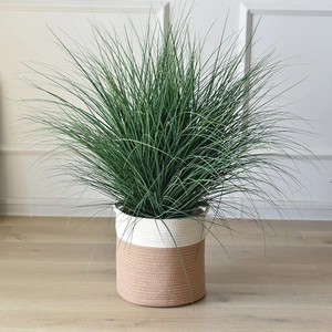 Detailed texture of hand-woven cotton rope storage basket with dual-tone brown and white finish