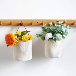 Handwoven wall hanging cotton rope planters set with leather handles for home decor