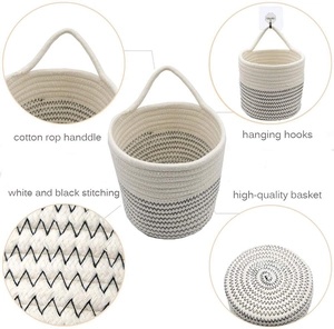 Detail showing white cotton rope woven basket with black stitching and hanging loop