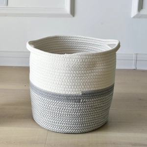 Minimalist 25x25cm cotton rope woven basket plant pot cover in white and grey