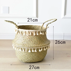 Detail of natural seagrass basket with white fringe, 21x27x26cm dimensions shown