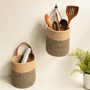 Handmade Cotton Rope Woven Hanging Storage Basket With Leather Handle Wall Mounted Indoor Planter Holder Home Decor Organizer