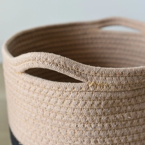 Minimalist 25x25cm woven cotton rope storage basket with dual handles in two-tone design