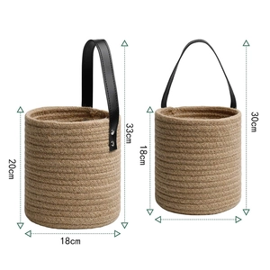 Detailed dimensions of hanging woven baskets with leather handles and size markings