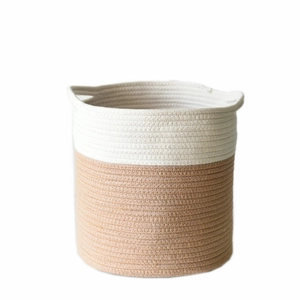 25cm cylindrical cotton rope woven basket with handles in white and brown dual-color