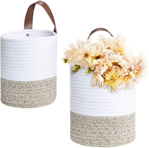 Minimalist Handwoven Cotton Rope And Jute Hanging Storage Basket With Leather Handle Wall Mounted Woven Home Decor Bin