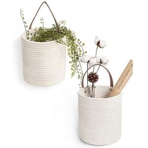 Handwoven Hanging Basket Cotton Rope Wall Mounted Storage Basket With Leather Handle For Plant Flower Pot Home Organizer