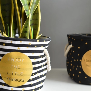 Nordic canvas plant pot covers with black stripe patterns and rope handles for home decor