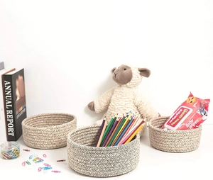 Three-piece woven cotton rope storage baskets set for desk organization and home decor