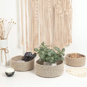 Japanese style cotton rope storage basket set with minimalist beige wave texture design