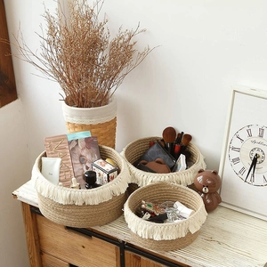 Handmade Hemp Woven Storage Baskets With Tassels Round Cotton Rope Sundries Bin Boho Decorative Home Organizer Planter Cover