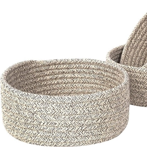 Handwoven Japanese style storage basket with cream and grey herringbone cotton rope pattern