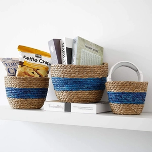 Set of 3 natural seagrass woven baskets with blue stripes for home storage and plants