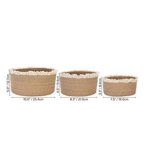 Three sizes of jute storage baskets with white lace trim showing detailed dimensions