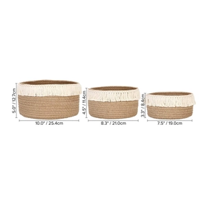 Detailed size specifications for a set of three jute woven baskets with white fringe decor