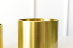 Detail of brushed gold metal flower pot showing premium texture and cylindrical finish
