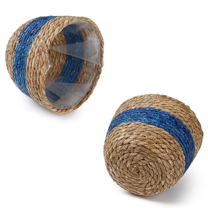 Natural seagrass woven plant basket set with blue accents and waterproof plastic liner