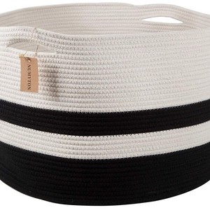 Extra large black and white woven cotton rope laundry basket with built-in handles