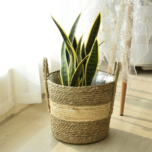 Handwoven Seagrass Storage Basket Straw Flower Pot Cover Indoor Planter With Handles Waterproof Lining Natural Beige Woven Planter For Home Decor