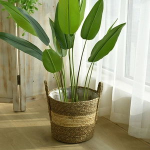 Handwoven straw plant basket with handles and waterproof liner for home decor