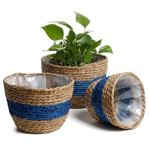 Natural Seagrass Woven Flower Pot Circular Storage Basket With Waterproof Liner Blue Stripe Handmade Plant Basket Decor