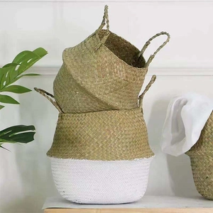 Handwoven Seagrass Belly Basket For Storage Natural White Folding Woven Basket With Handles Flower Pot Cover Home Decor