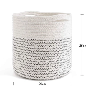 Close-up of dual-tone cotton rope storage basket with grey pattern and 25cm size detail