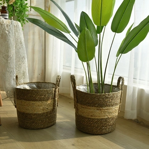 Detail of woven seagrass plant baskets with handles and waterproof liners in home setting